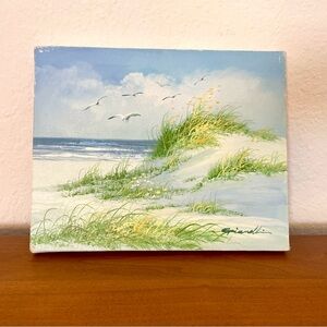 Seaside Landscape Beach Dunes Blue Sky Original Painting Oil on Canvas Signed